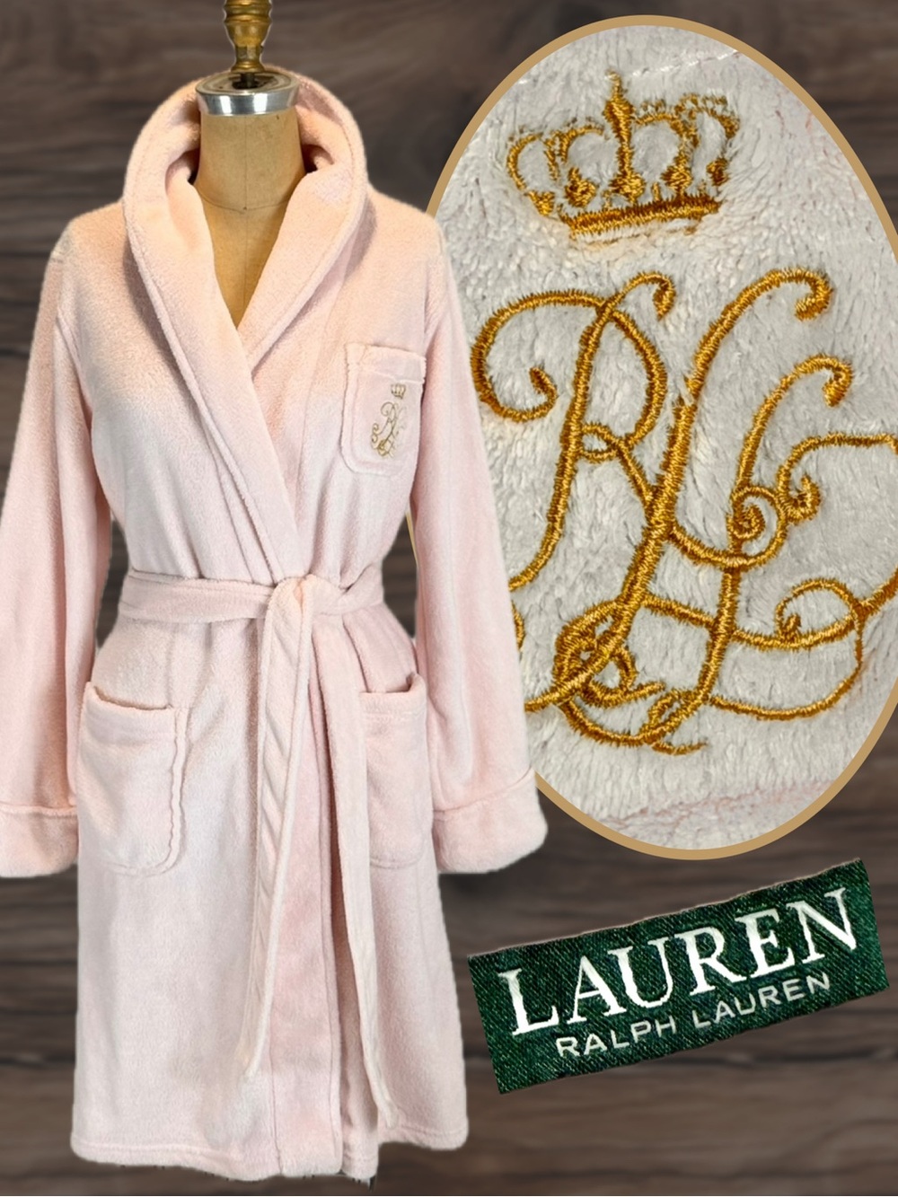 Ralph Lauren monogrammed robe wrap midi pastel baby pink plush fuzzy fleece cozy